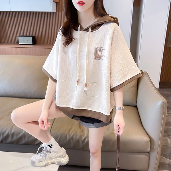Fashion white hooded T-shirt women's summer new slim slim slim cotton casual V-neck short sleeve sweatshirt trendy