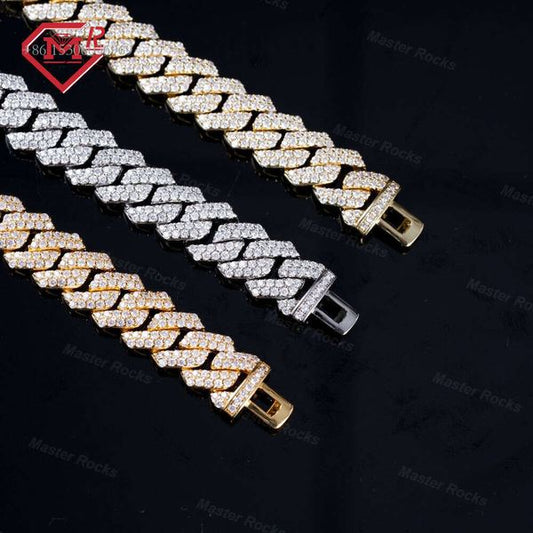 Hiphop Ice Out Prong 14Mm 2 Rows Vvs Moissanite Sterling Sier Miami Cuban Link Chain
