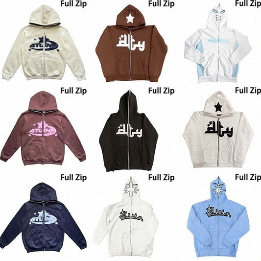 Y2k Mens Hoodies Hip Hop Full Zip Up Rhinestone Hoodie Men Gothic Streetwear Long Sleeve Oversized Anime Sweatshirt Punk Star Letter Printed