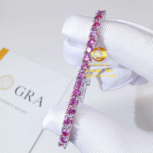 GRA Certificates 3Mm 4Mm Sterling Sier White Gold Plated Hip Hop Jewelry Pink Moissanite Tennis Chain Bracelet
