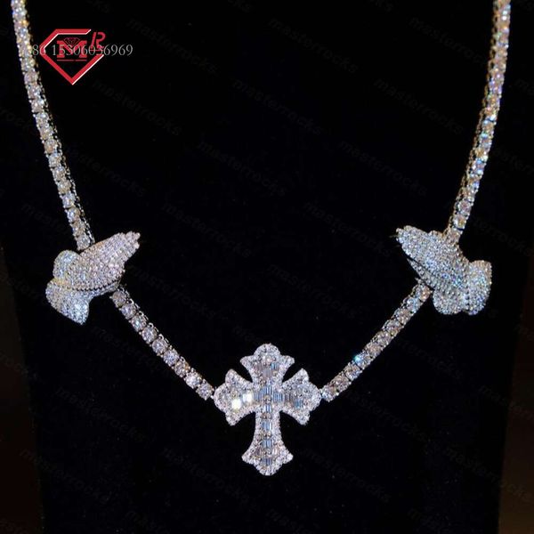 Custom 4Mm Cross Necklace In Sier Customized Hip Hop Iced Vvs Moissanite Tennis Chain