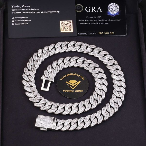 RTS Necklaces Sterling Sier Baguette Moissanite Diamond Cuban Link Chain Hip Hop Necklace