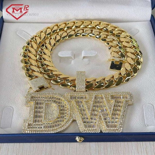 Men Thick Miami Hip Hop Plain Yellow Gold Plated With Letter Initial Pendant Moissanite Cuban Link Chain Necklace