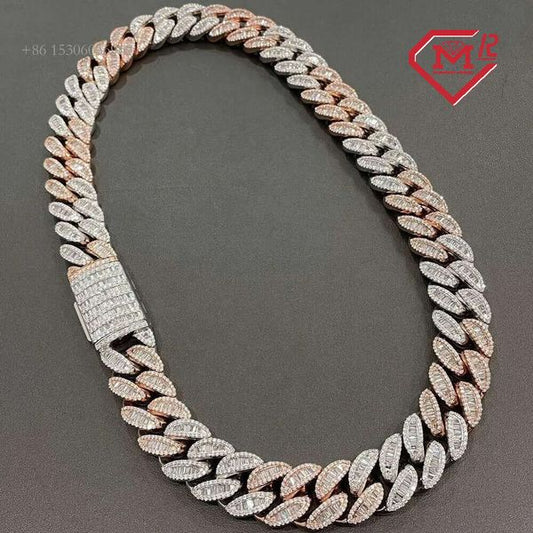 Custom 15Mm 18Mm Hip Hop Iced Out Sterling Sier Two Tone Cuban Link VVS Moissanite Chain